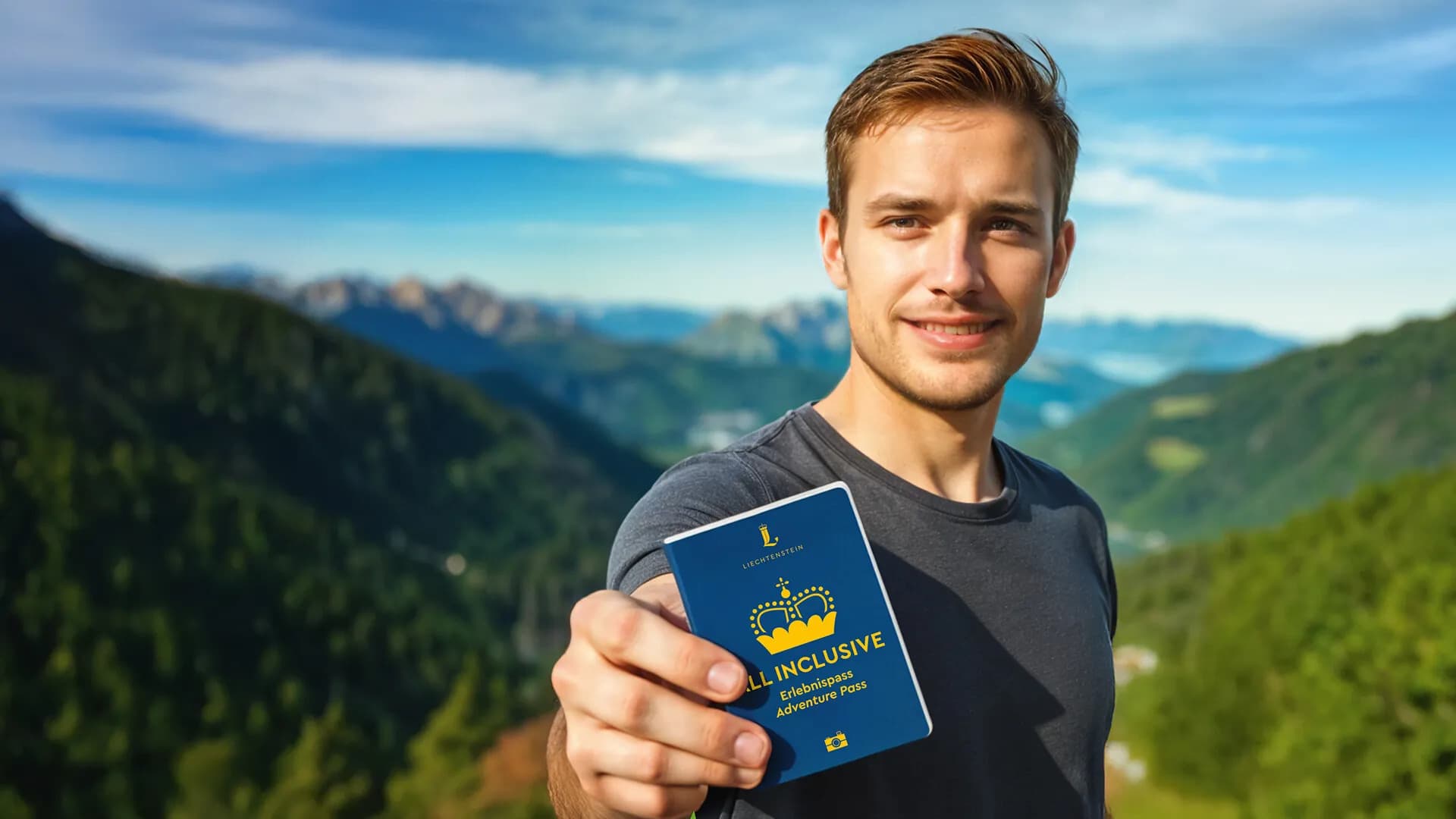 A young man is smiling while holding an all inclusive experience pass with a mountain landscape in the background.